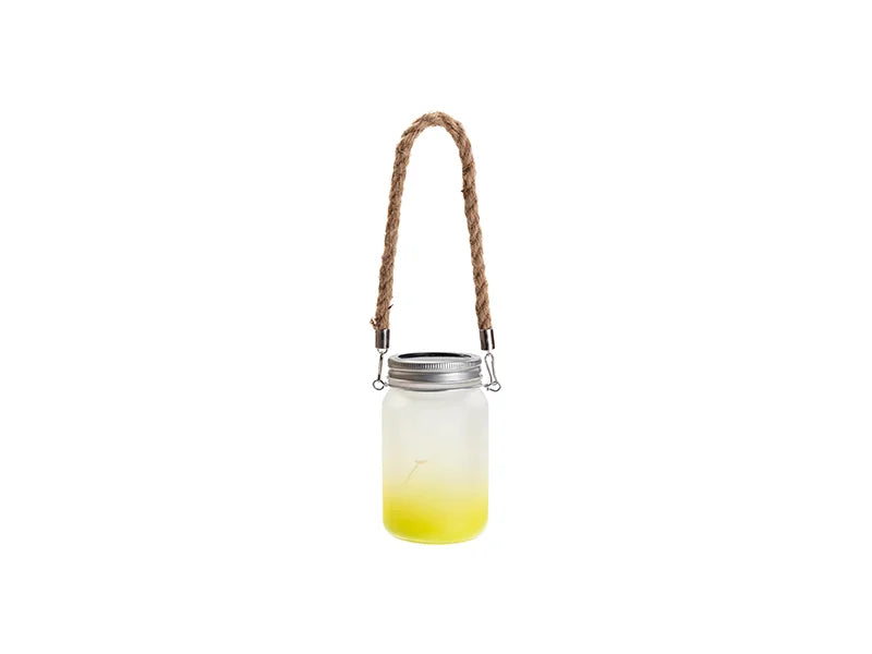 15oz/450ml Sublimation Blanks Mason Jar w/ Lantern Lid and Hemp Rope Handle (Frosted, Gradient Lemon Yellow)