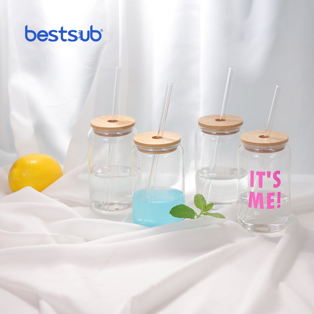 Sublimation Blanks 13oz/400ml Clear Can Glass Mug with bamboo lid & ss straw