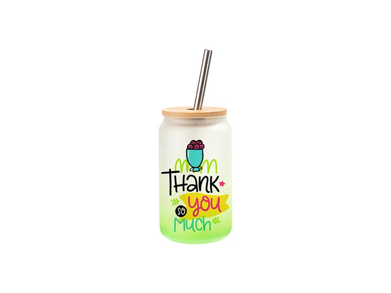 13oz/400ml Sublimation Blanks Glass Can Tumbler with Bamboo Lid Gradient Green