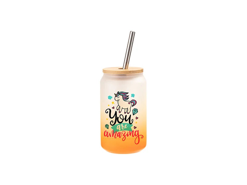 13oz/400ml Sublimation Blanks Glass Can Tumbler with Bamboo Lid Gradient Orange