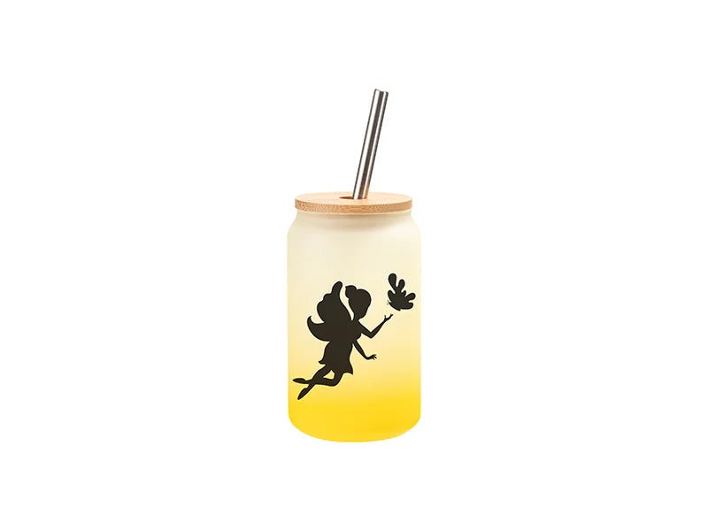 13oz/400ml Sublimation Blanks Glass Can Tumbler with Bamboo Lid Gradient Yellow