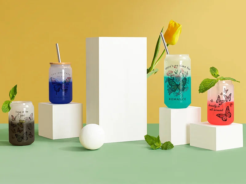 Sublimation Blanks 13oz/400ml Cold Color Change Glass Can with Bamboo Lid