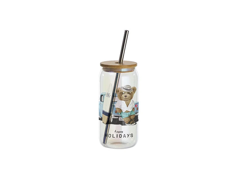 Sublimation Blanks 18oz/550ml Clear Iridescent Glass Can with Bamboo Lid