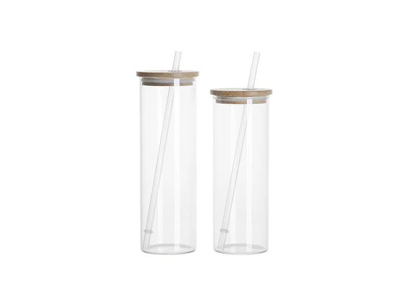 Sublimation Blanks 20oz/600ml Glass Skinny Tumbler w/Straw & Bamboo Lid w/Straw & Bamboo Lid(Clear)