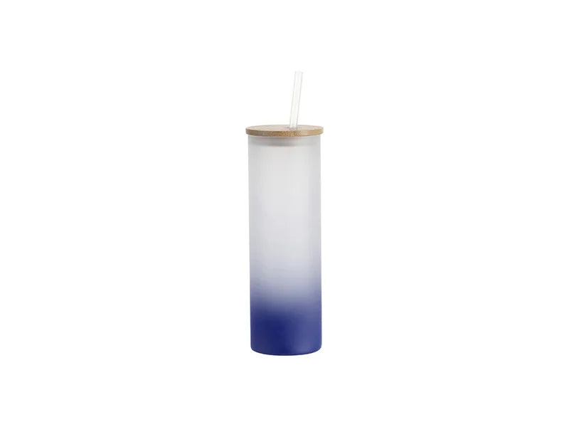 Sublimation Blanks 20oz/600ml Glass Skinny Tumbler w/Straw & Bamboo Lid(Frosted, Gradient Dark Blue)