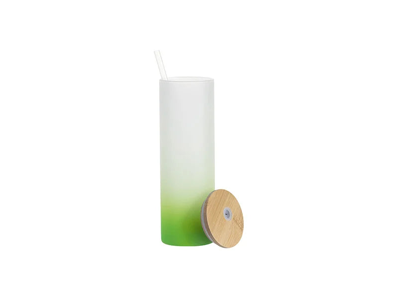 Sublimation Blanks 20oz/600ml Glass Skinny Tumbler w/Straw & Bamboo Lid(Frosted, Gradient Green)