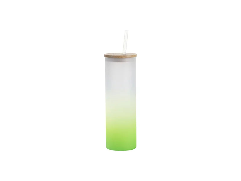 Sublimation Blanks 20oz/600ml Glass Skinny Tumbler w/Straw & Bamboo Lid(Frosted, Gradient Green)