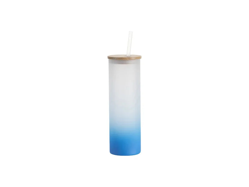 Sublimation Blanks 20oz/600ml Glass Skinny Tumbler w/Straw & Bamboo Lid(Frosted, Gradient Light Blue)