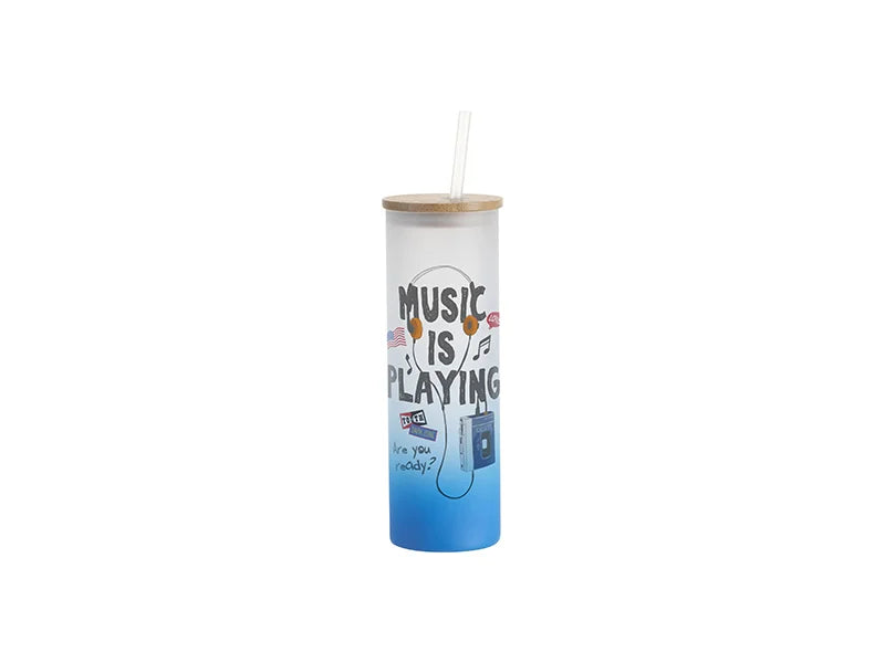 Sublimation Blanks 20oz/600ml Glass Skinny Tumbler w/Straw & Bamboo Lid(Frosted, Gradient Light Blue)