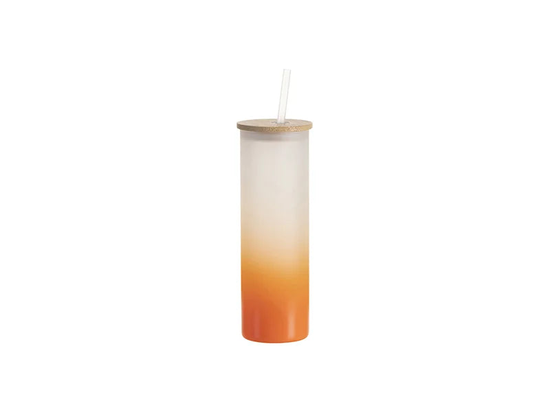 Sublimation Blanks 20oz/600ml Glass Skinny Tumbler w/Straw & Bamboo Lid(Frosted, Gradient Orange)