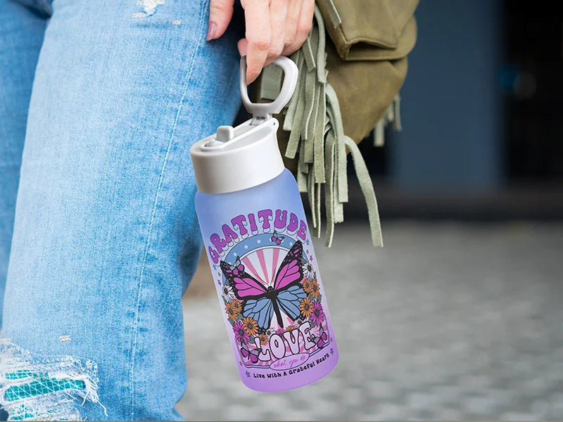 Sublimation 25oz/750ml Frosted Glass Sports Bottle w/ Grey Straw Lid (Gradient Color Blue & Purple)