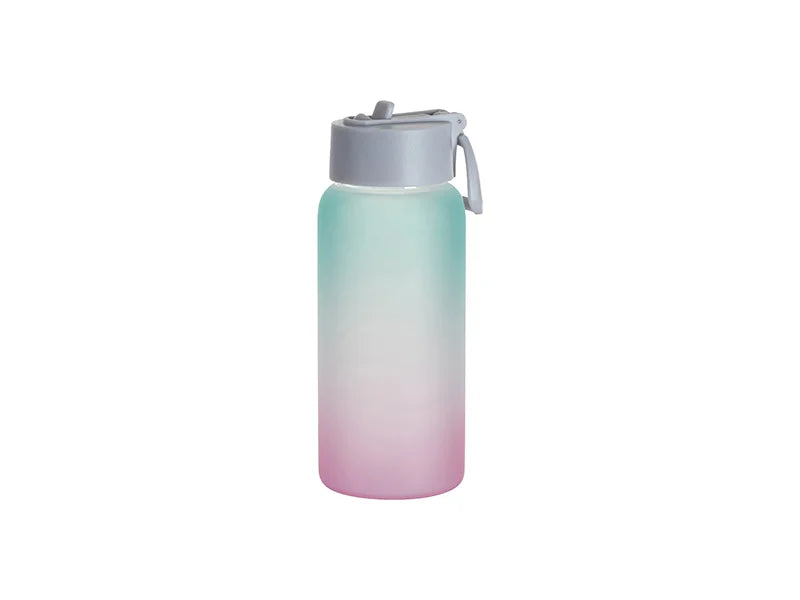 Sublimation 25oz/750ml Frosted Glass Sports Bottle w/ Grey Straw Lid (Gradient Color Green & Pink)