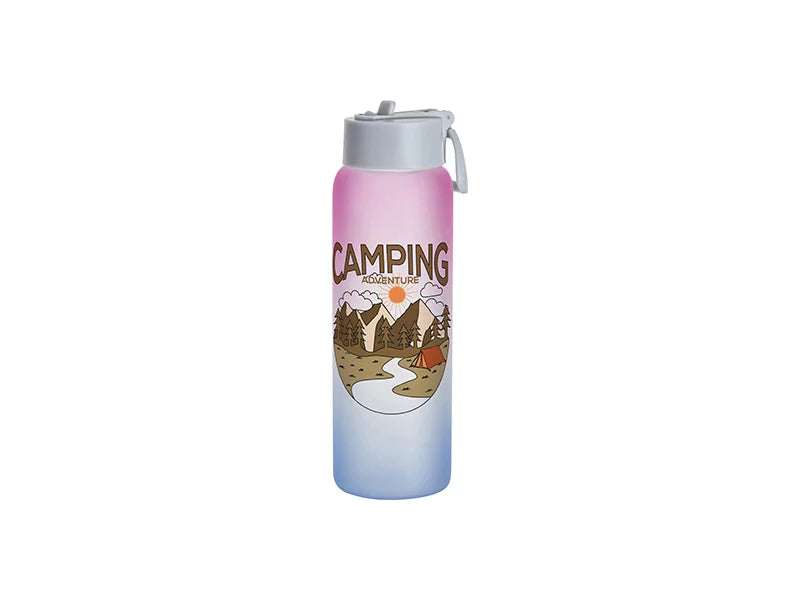 Sublimation 32oz/950ml Frosted Glass Sports Bottle w/ Grey Straw Lid (Gradient Color Pink & Blue)