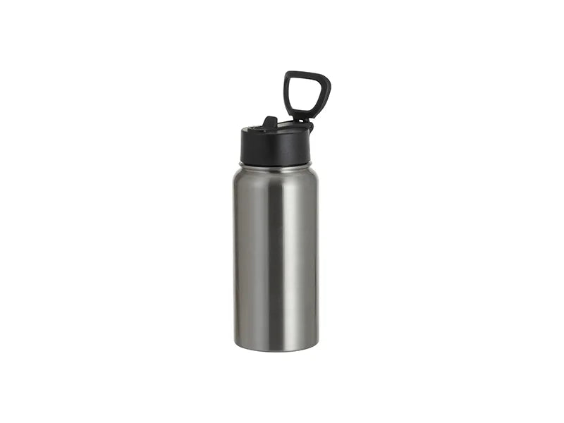 25oz/750ml Stainless Steel Water Bottle w/ Wide Mouth Straw & Portable Lid (Silver)