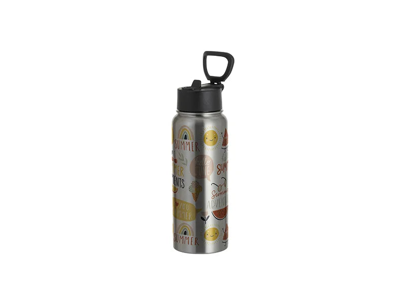 30oz/900ml Stainless Steel Water Bottle w/ Wide Mouth Straw & Portable Lid (Silver)