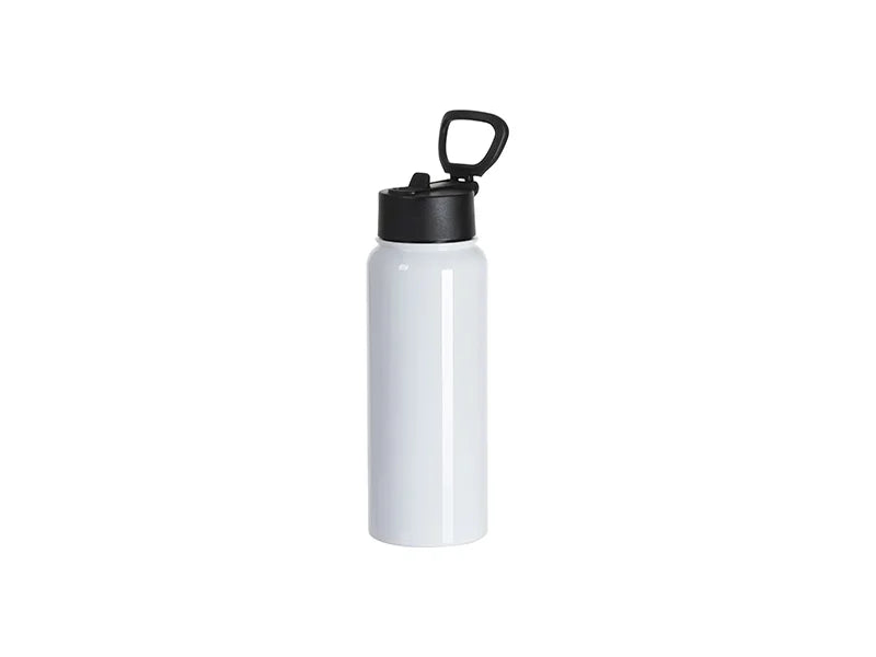 30oz/900ml Stainless Steel Water Bottle w/ Wide Mouth Straw & Portable Lid (White)