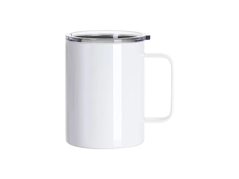 Sublimation Blanks 13oz/400ml Stainless Steel Coffee Cup with Clear Flat Lid & Handle (White)
