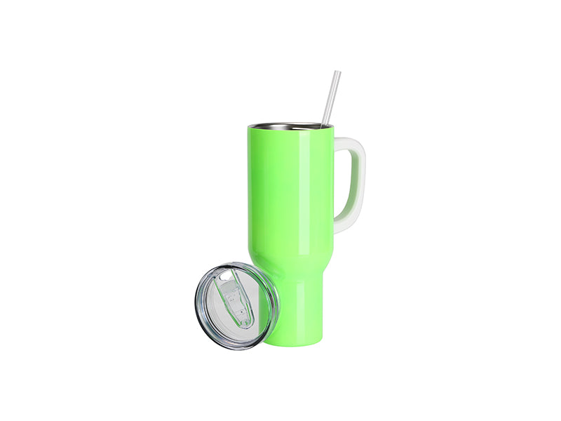Sublimation Blanks 40oz/1200ml Stainless Steel Fluorescent Green Travel Tumbler with Lid & Straw(White Handle)
