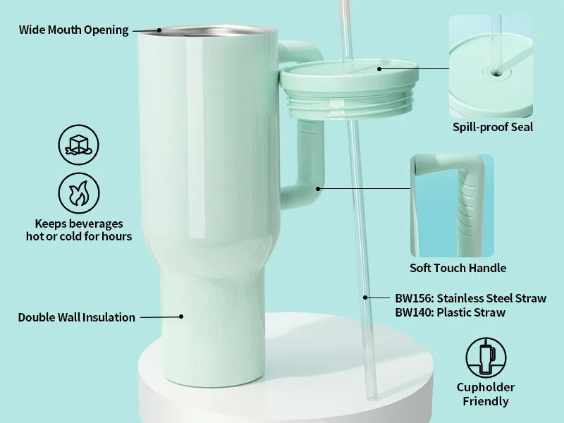 40oz/1200ml Stainless Steel Travel Tumbler with Soft Grip Handle & Straw