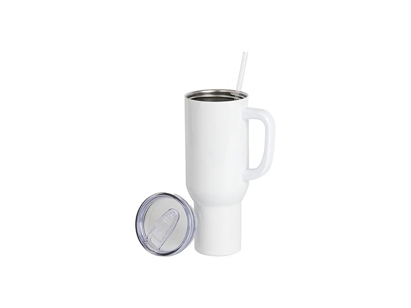 40oz/1200ml White Sublimation Stainless Steel Travel Tumbler with Lid & Straw(3D Heat Resistant White Plastic Handle)