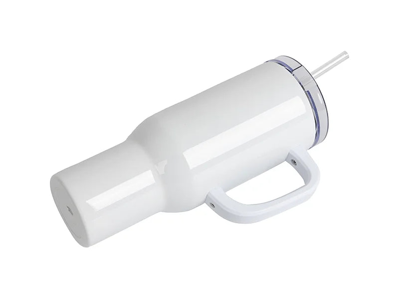 40oz/1200ml White Sublimation Stainless Steel Travel Tumbler with Lid & Straw(3D Heat Resistant White Plastic Handle)