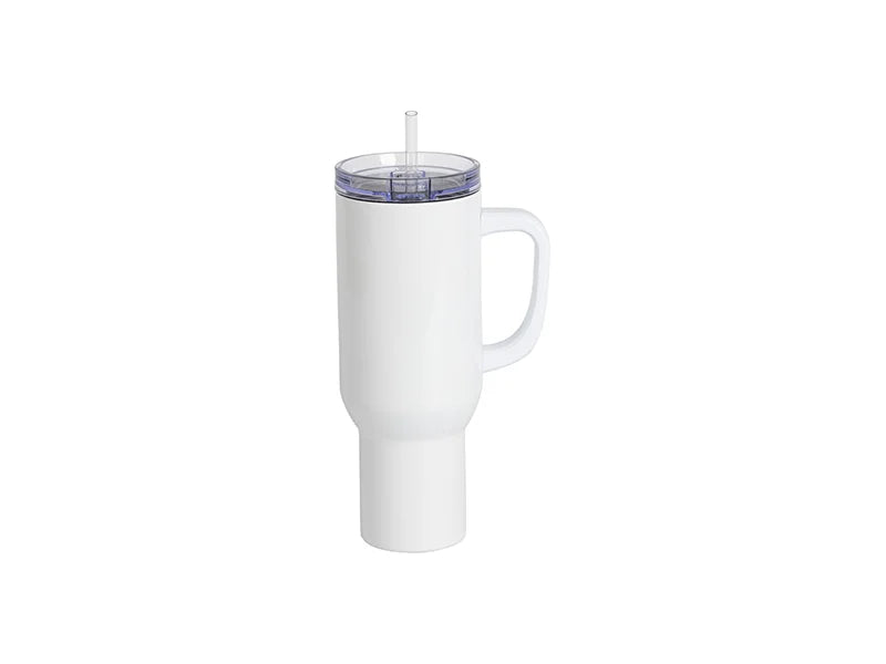 40oz/1200ml White Sublimation Stainless Steel Travel Tumbler with Lid & Straw(3D Heat Resistant White Plastic Handle)