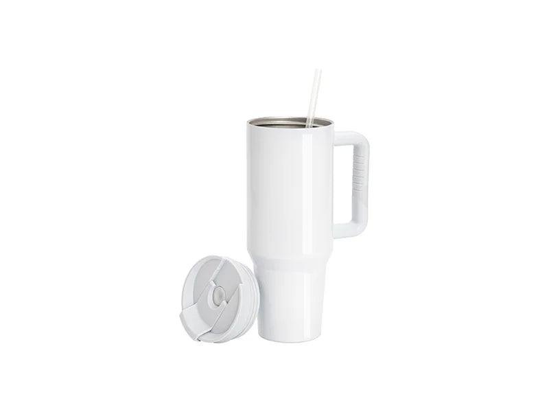 Sublimation 40oz/1200ml White Stainless Steel White Travel Tumbler with Flip Lid & Straw(Gray White Soft Grip Handle)
