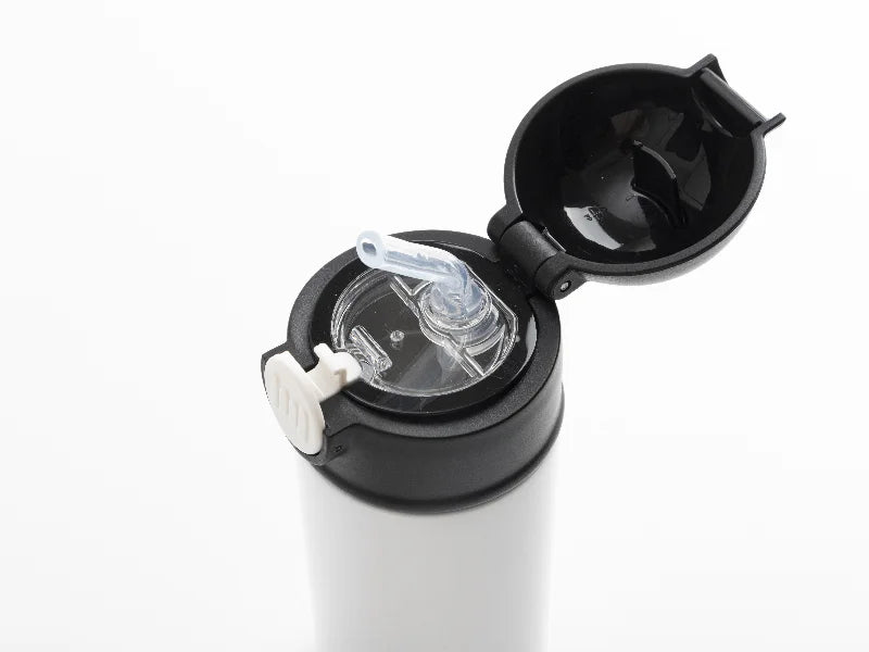 12oz/360ml White Sublimation Kids Stainless Steel Water Bottle with Plastic Straw & Black Cap