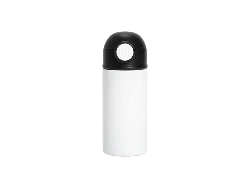 12oz/360ml White Sublimation Kids Stainless Steel Water Bottle with Plastic Straw & Black Cap