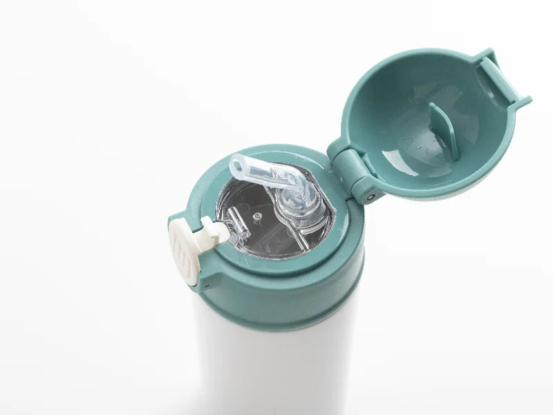 12oz/360ml White Sublimation Kids Stainless Steel Water Bottle with Plastic Straw & Green Cap