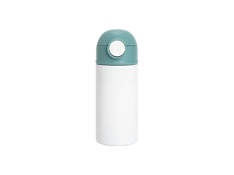 12oz/360ml White Sublimation Kids Stainless Steel Water Bottle with Plastic Straw & Green Cap
