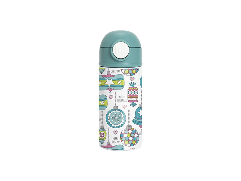 12oz/360ml White Sublimation Kids Stainless Steel Water Bottle with Plastic Straw & Green Cap