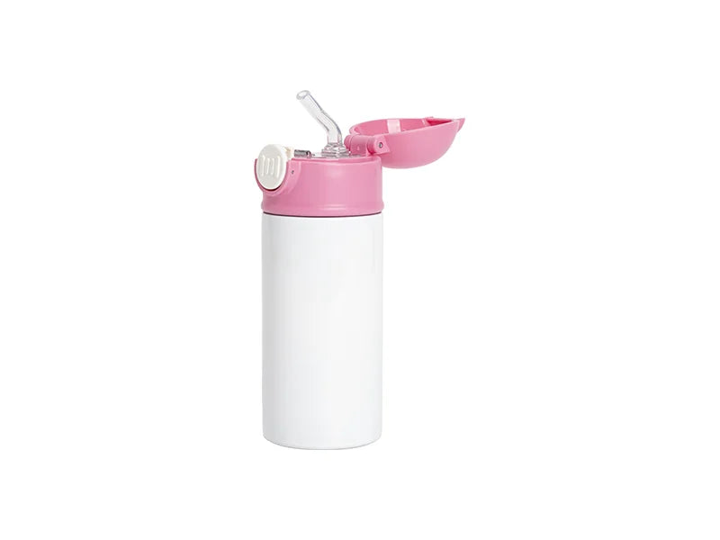 12oz/360ml White Sublimation Kids Stainless Steel Water Bottle with Plastic Straw & Pink Cap