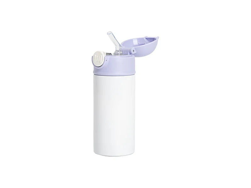 12oz/360ml White Sublimation Kids Stainless Steel Water Bottle with Plastic Straw & Purple Cap