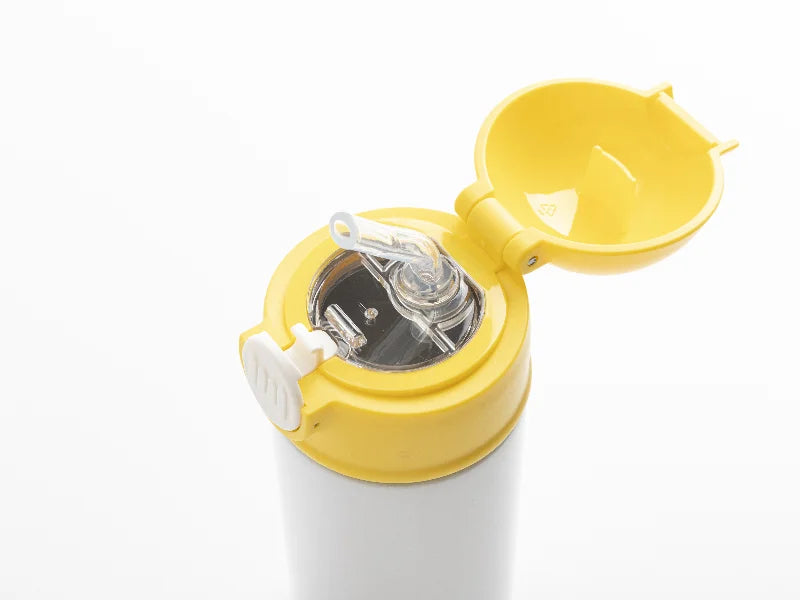 12oz/360ml White Sublimation Kids Stainless Steel Water Bottle with Plastic Straw & Yellow Cap