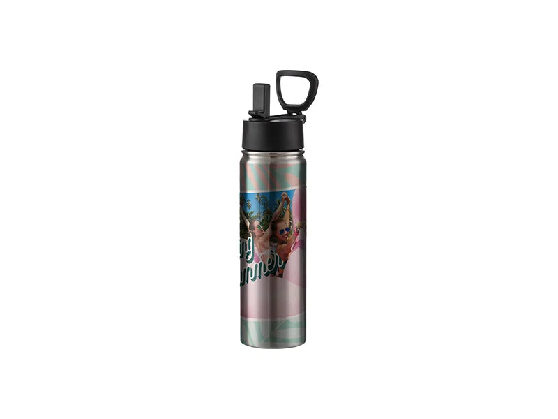 22oz/650ml Sublimation Blank Stainless Steel Water Bottles with Wide Mouth Straw Lid & Rotating Handle (Silver)