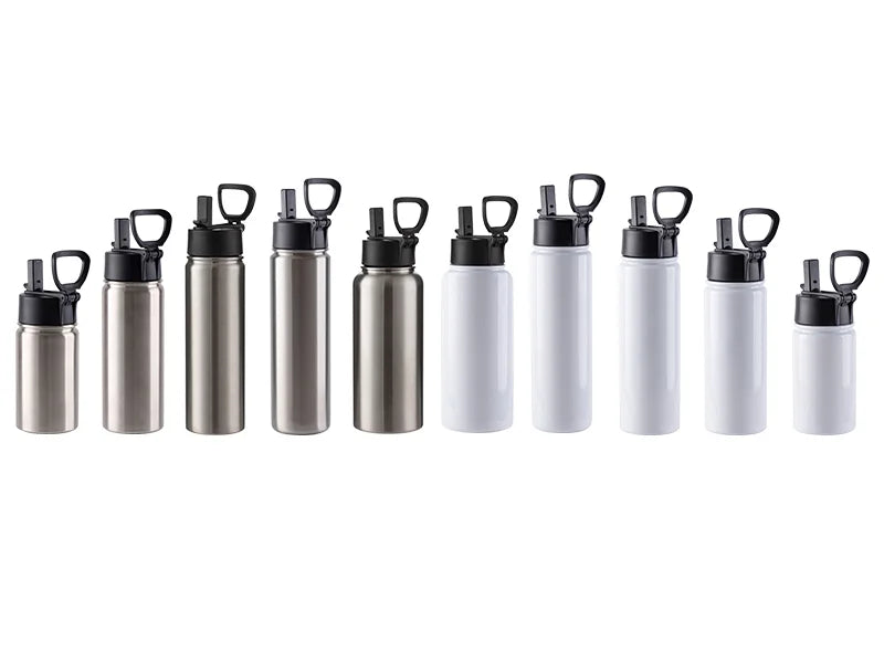 18oz/550ml Sublimation Blank Stainless Steel Water Bottles with Wide Mouth Straw Lid & Rotating Handle (Silver)