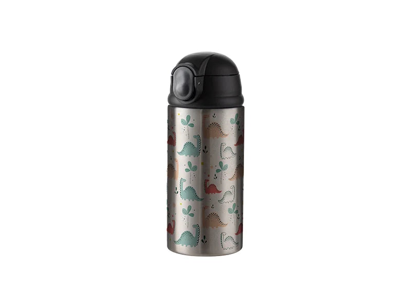 12oz/360ml Sublimation Blanks Kids Stainless Steel Bottle With Silicon Straw & Black Cap (Silver)