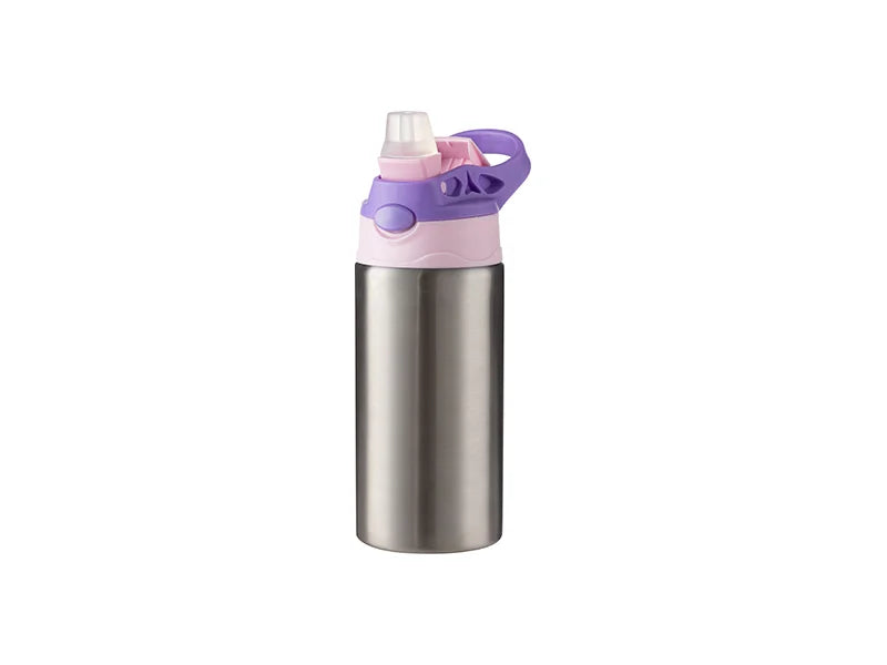 12oz/360ml Sublimation Blanks Kids Stainless Steel Bottle With Silicon Straw & Purple Cap(Silver)