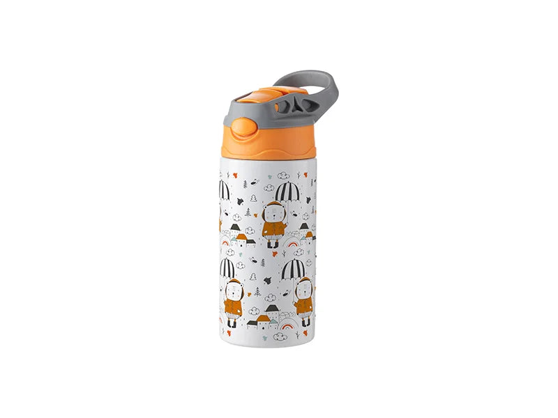12oz/360ml Kids Water Bottle With Silicon Straw & Gray Handle Lid for Sublimation Printing Blank White