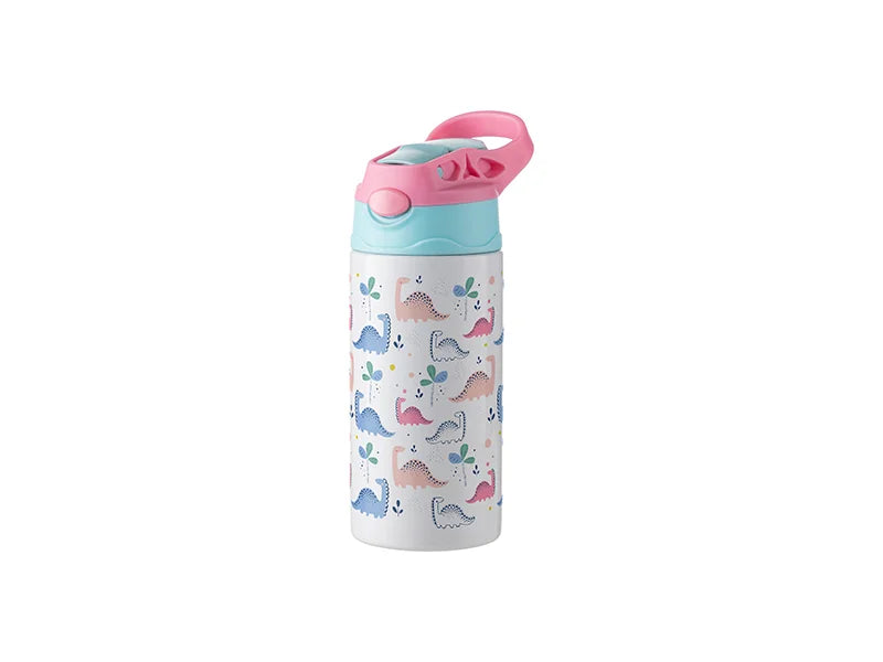 12oz/360ml Sublimation Blanks Kids Stainless Steel Bottle With Silicon Straw &Pink Cap(White)