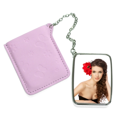 Rectangular Hand Mirror with Pink Leather Case-Pink