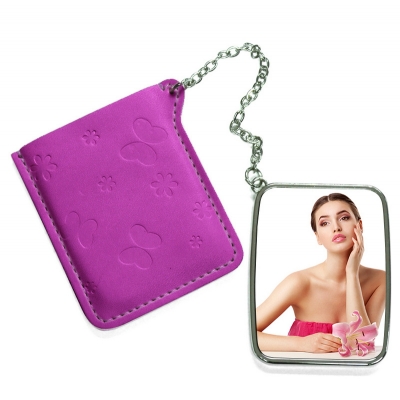 Rectangular Hand Mirror with Pink Leather Case-Maroon