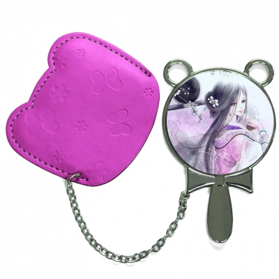 Round Hand Mirror with Leather Pink Case-Maroon