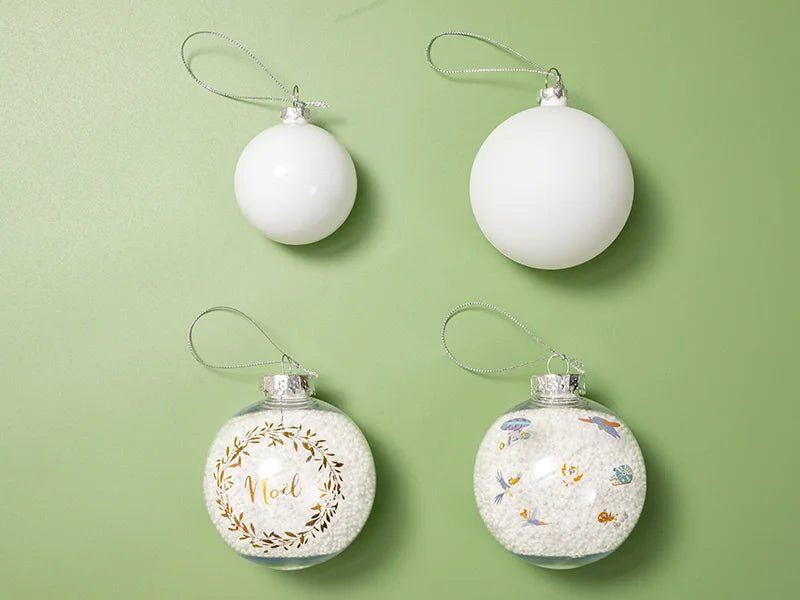 8cm Noel Patterned Clear Plastic Christmas Ball Ornament with String and Sublimation Alu Insert
