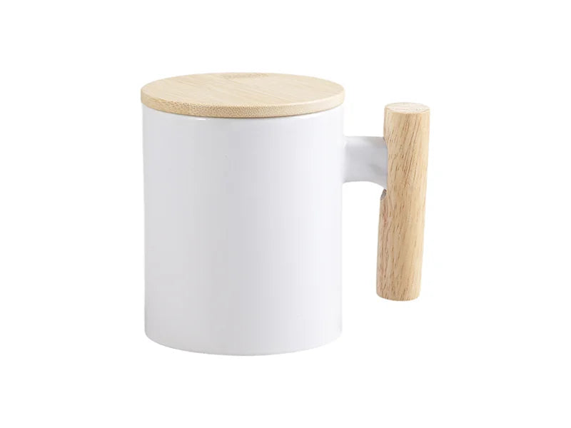Sublimation 11oz White Mug w/ Wooden Handle & Bamboo Lid