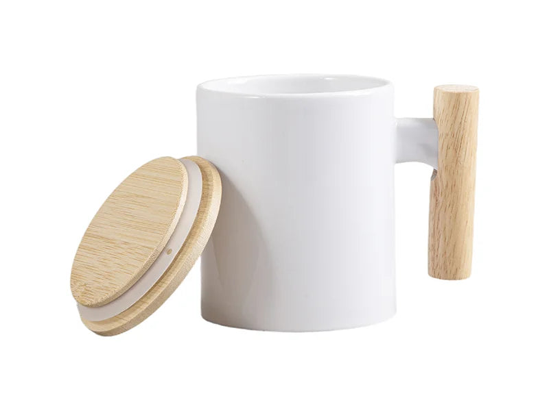 Sublimation 11oz White Mug w/ Wooden Handle & Bamboo Lid
