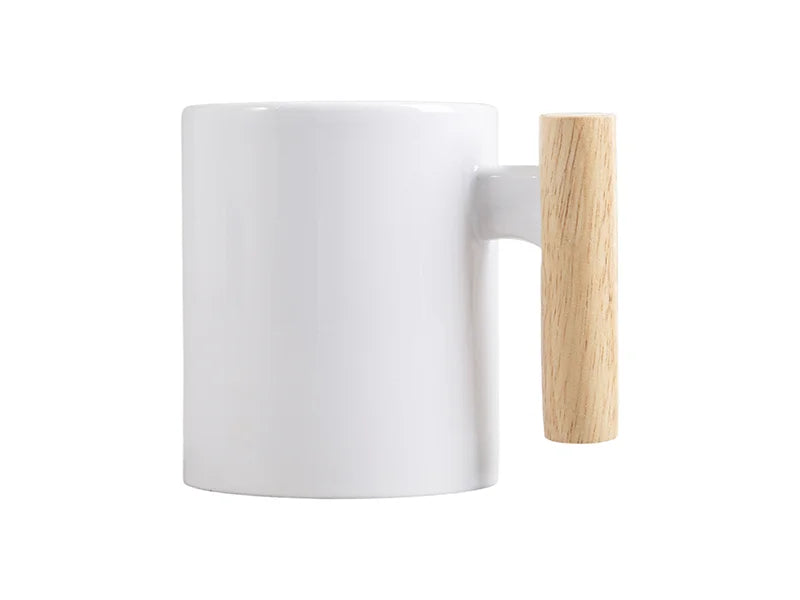 Sublimation 11oz White Mug w/ Wooden Handle & Bamboo Lid