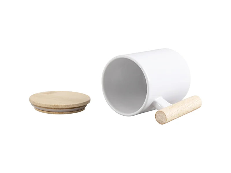 Sublimation 11oz White Mug w/ Wooden Handle & Bamboo Lid