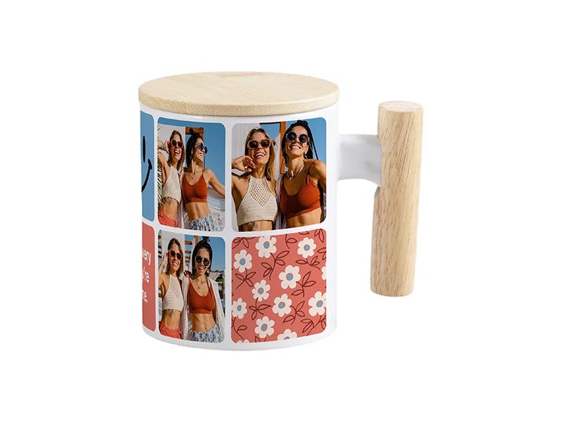 Sublimation 11oz White Mug w/ Wooden Handle & Bamboo Lid